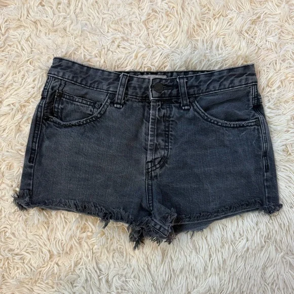 Free People Denim Shorts mid rise washed black SZ 25 button fly raw hem - Picture 1 of 6